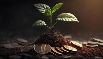 Growing Money - Plant On Coins - Finance And Investment Concept. photo