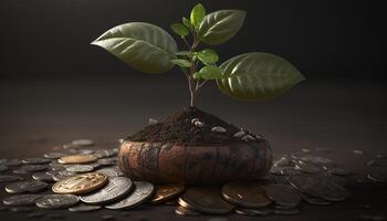 Growing Money - Plant On Coins - Finance And Investment Concept. photo