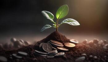 Growing Money - Plant On Coins - Finance And Investment Concept. photo