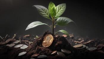 Growing Money - Plant On Coins - Finance And Investment Concept. photo