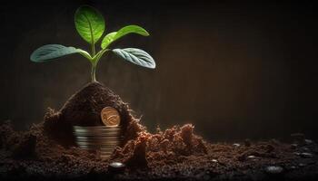 Growing Money - Plant On Coins - Finance And Investment Concept. photo