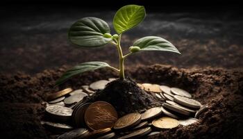 creciente dinero - planta en monedas - Finanzas y inversión concepto. generativo ai foto