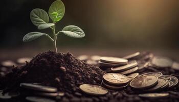 Growing Money - Plant On Coins - Finance And Investment Concept. photo