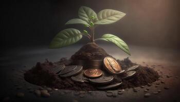 creciente dinero - planta en monedas - Finanzas y inversión concepto. generativo ai foto