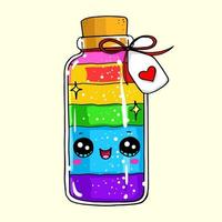 Bottle of rainbow colored liquid with a tag with heart icon. vector