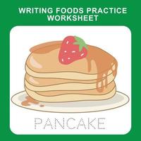 Writing food name. Writing activity for children. Writing practice. Printable worksheet. vector
