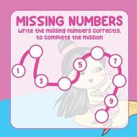 Missing numbers. Write the answer correctly. Educational printable math worksheet. Counting practice. Vector file.