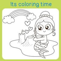 Cute mermaid princess. Coloring activity worksheet. The Little Mermaid. A magical creature. Vector outline for coloring page.