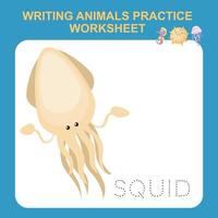 Illustration of writing animals practice worksheet. Educational printable worksheet. Writing activity for children. Exercises lettering game for kids. Vector illustration.