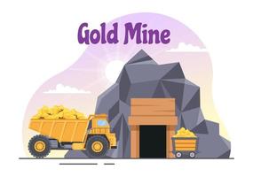Gold Mine Illustration with Mining Industry Activity for Treasure, Pile of Coins, Jewelry and Gem in Flat Cartoon Hand Drawn Landing Page Templates vector