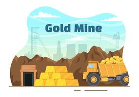 oro mía ilustración con minería industria actividad para tesoro, pila de monedas, joyería y joya en plano dibujos animados mano dibujado aterrizaje página plantillas vector