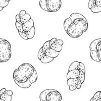 Pastry seamless vector pattern. Challah, loaf, fresh bread. Delicious baked goods. Tasty grain bun with sesame seeds, a crispy crust. Food sketch, line art. Background for menu, wrapping paper, web