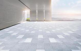 Brick floor square floor building interior space with Chinese style panoramic mountain skyline photo