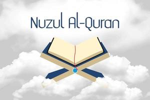 nuzul Al Quran saludo tarjeta con azul Corán en el nubes islámico acebo día para musulmán comunidad celebracion con ayy dibujado Clásico diseño. vector