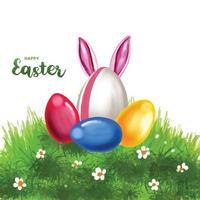 Happy easter colorful painted egg and rabbit ears holiday card background vector