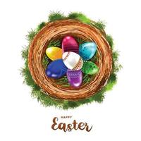 Happy easter illustration colorful eggs in a basket card background vector