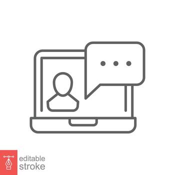 Virtual learning icon. Video training, digital meeting on laptop, live talk concept. Simple outline style. Thin line symbol. Vector illustration isolated on white background. Editable stroke EPS 10.
