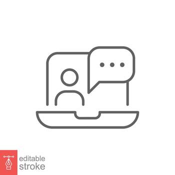Virtual learning icon. Video training, digital meeting on laptop, live talk concept. Simple outline style. Thin line symbol. Vector illustration isolated on white background. Editable stroke EPS 10.