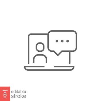 Virtual learning icon. Video training, digital meeting on laptop, live talk concept. Simple outline style. Thin line symbol. Vector illustration isolated on white background. Editable stroke EPS 10.