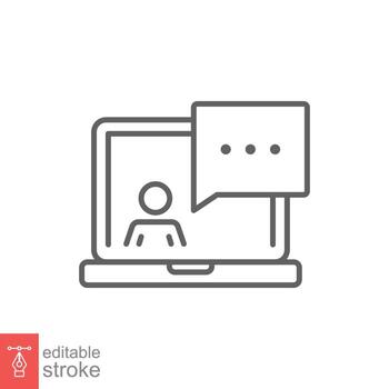 Virtual learning icon. Video training, digital meeting on laptop, live talk concept. Simple outline style. Thin line symbol. Vector illustration isolated on white background. Editable stroke EPS 10.