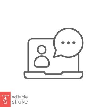 Virtual learning icon. Video training, digital meeting on laptop, live talk concept. Simple outline style. Thin line symbol. Vector illustration isolated on white background. Editable stroke EPS 10.