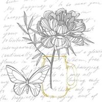 peonía flor y hojas dibujo. mano dibujado grabado floral colocar. botánico ilustraciones. genial para tatuaje, invitaciones, saludo tarjetas vector