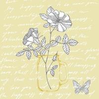 Wild rose flowers drawing and sketch illustrations. Decorative floral set for fabric, textile, wrapping paper, card, invitation, wallpaper, web design. Handwritten abstract text vector