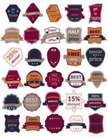 Set of Thirty Vector Badges with Ribbons. Set of vintage retro labels. Web stickers and labels. Isolated vector illustration.