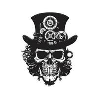 steampunk skull, logo concept black and white color, hand drawn illustration vector