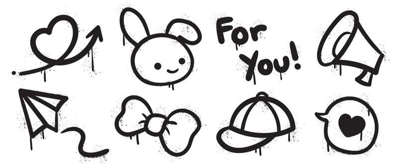 Set of graffiti spray pattern. Collection of black symbols, heart, text, rabbit, arrow, cap and stroke with spray texture. Elements on white background for banner, decoration, street art and ads.