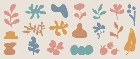 Set of abstract organic shapes inspired by matisse. Plants, leaf, algae, vase, coral in paper cut collage style. Contemporary aesthetic vector element for logo, decoration, print, cover, wallpaper.