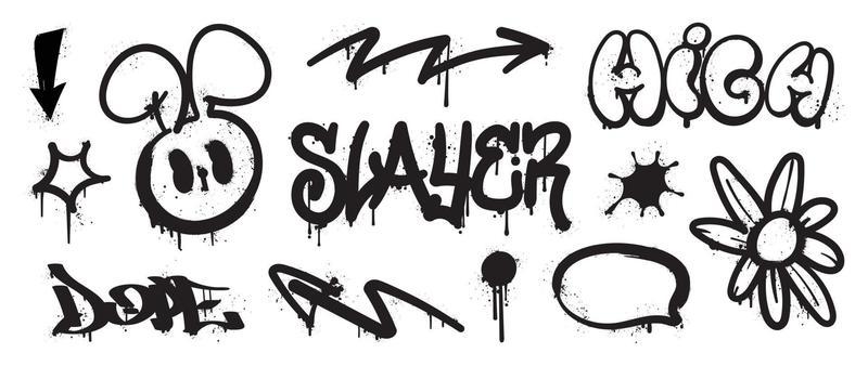 Set of graffiti spray pattern. Collection of black symbols, arrow, rabbit, text, flower and stroke with spray texture. Elements on white background for banner, decoration, street art and ads.
