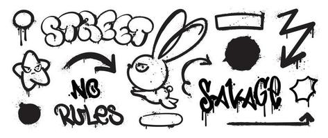 Set of graffiti spray pattern. Collection of black symbols, arrow, star, rabbit, text, bomb and stroke with spray texture. Elements on white background for banner, decoration, street art and ads. vector