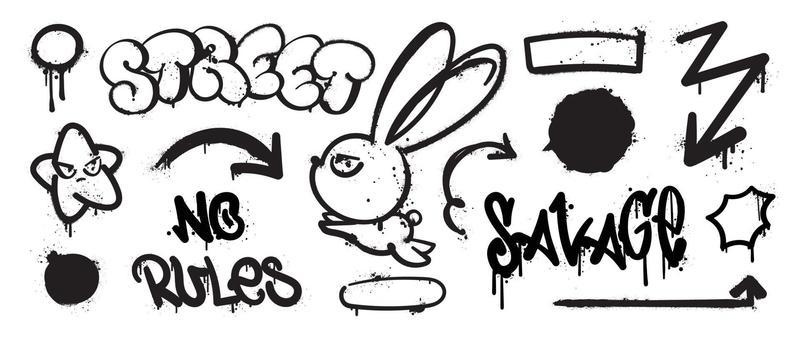 Set of graffiti spray pattern. Collection of black symbols, arrow, star, rabbit, text, bomb and stroke with spray texture. Elements on white background for banner, decoration, street art and ads.