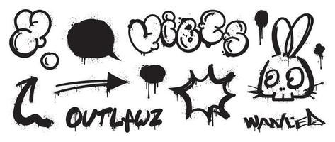 Set of graffiti spray pattern. Collection of black symbols, arrow, rabbit, text and stroke with spray texture. Elements on white background for banner, decoration, street art and ads. vector