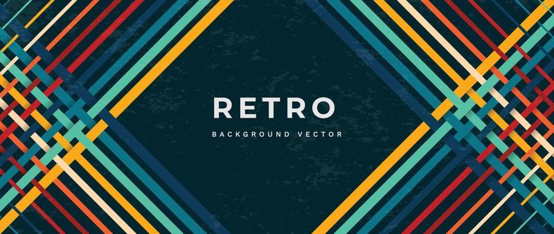 Abstract colorful 70s background vector. Vintage retro style wallpaper with rainbow stripes, lines, grunge. 1970 color illustrated design suitable for poster, banner, decorative, wall art.