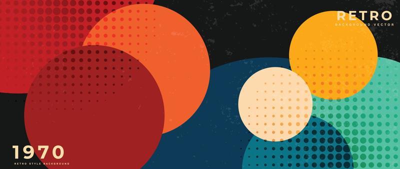 Abstract colorful 70s background vector. Vintage retro style wallpaper with geometric shapes, circle, dots, grunge. 1970 color illustrated design suitable for poster, banner, decorative, wall art.