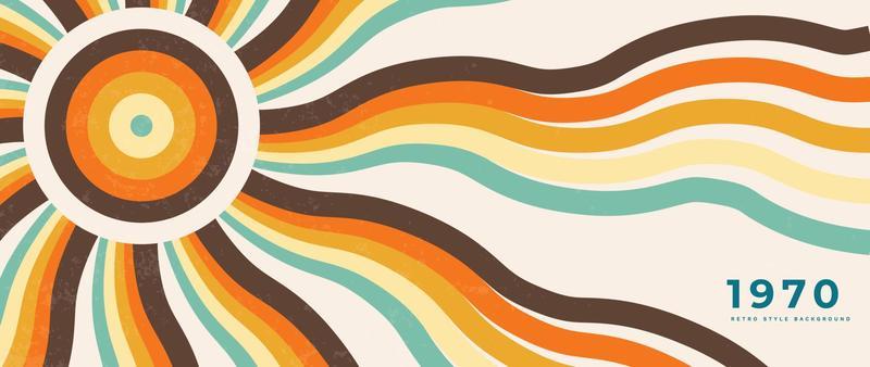 Abstract colorful 70s background vector. Vintage retro style wallpaper with sunset stripes, grunge, sun ray. 1970 color illustrated design suitable for poster, banner, decorative, wall art.