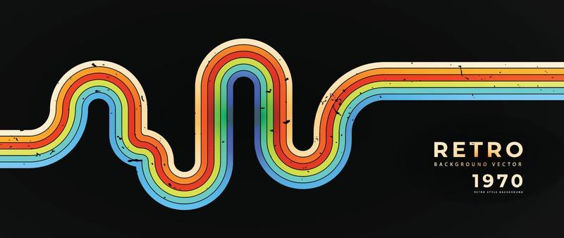 Abstract colorful 70s background vector. Vintage retro style wallpaper with rainbow stripes, wavy lines, grunge. 1970 color illustration design suitable for poster, banner, decorative, wall art.