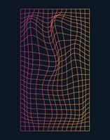 Distorted and warped neon laser grid on dark background. Retrowave, synthwave, rave, vaporwave.Trendy retro 1980s, 90s style vector