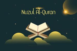 Nuzul al-Quran greeting card with blue quran on the clouds. Islamic holly day for muslim community celebration with ahnd drawn vintage design. vector