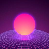 Black Hole and warp space in neon colors by 80s. Background or cover for retrowave electronic music style. Vector illustration