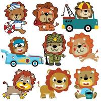 Vector set of funny lion cartoon in different activities and profession