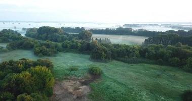 Aerial view of the meadow and river covered with fog at dawn. Ukraine video