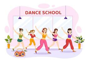 danza colegio ilustración de personas bailando o coreografía con música equipo en estudio en plano dibujos animados mano dibujado aterrizaje página plantillas vector