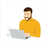 A man with a beard and wearing a turtleneck working with his laptop and having a cup of coffee. vector