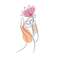 hand holding lotus water lily in continuous line drawing vector