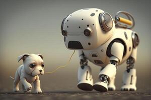 The robot walks with the dog. . photo