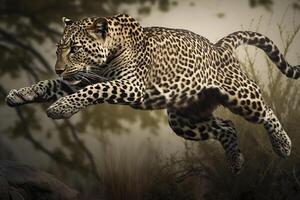 leopardo en un saltar. generativo ai. foto