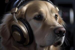 Golden retriever in headphones. . photo